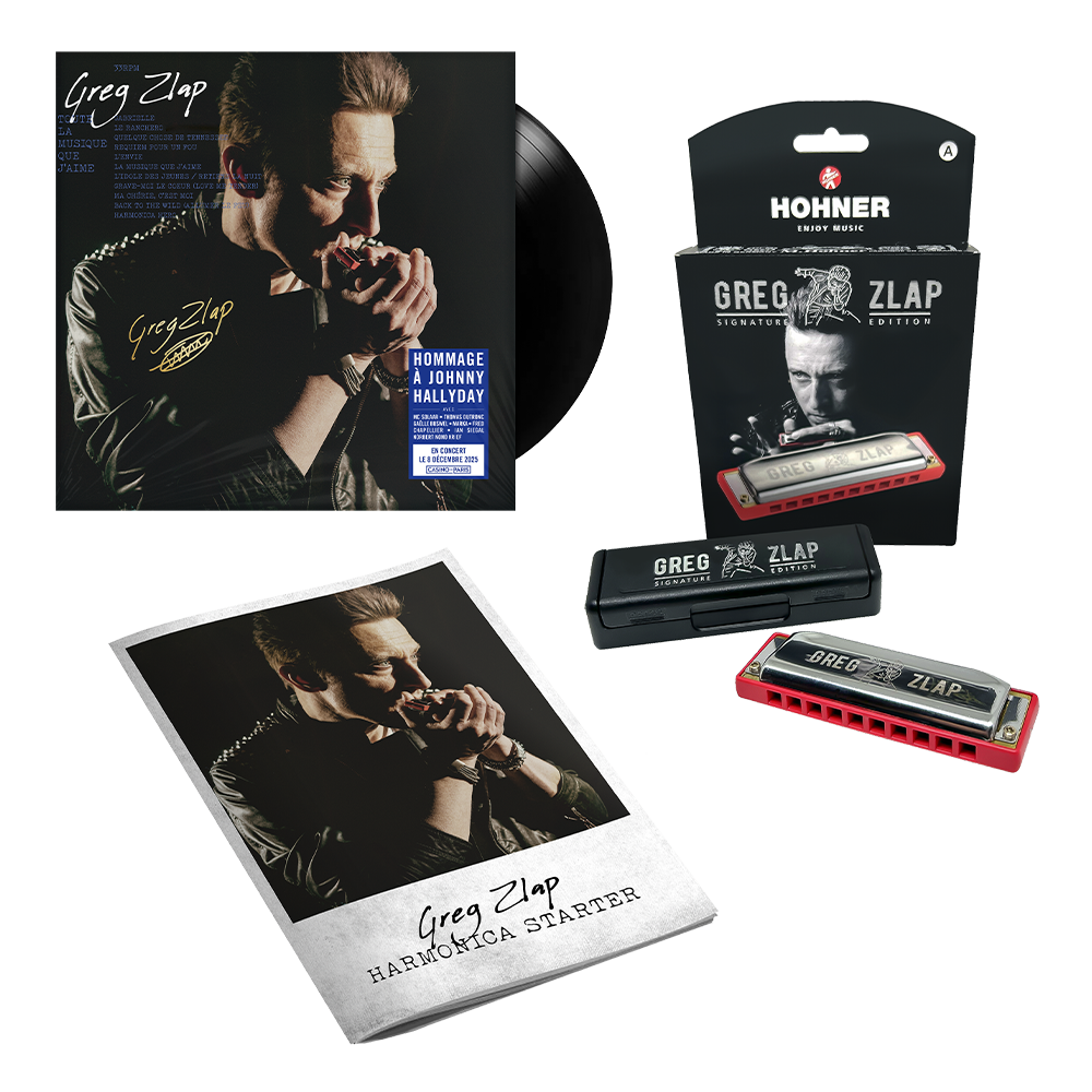 PACK VINYLE DÉDICACÉ + HARMONICA SIGNATURE RED (en La) + LIVRET "HARMONICA STARTER" PAR GREG ZLAP