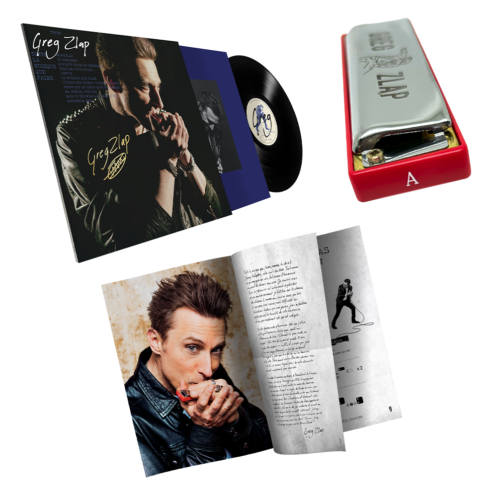 PACK VINYLE DÉDICACÉ + HARMONICA SIGNATURE RED (en La) + LIVRET "HARMONICA STARTER" PAR GREG ZLAP